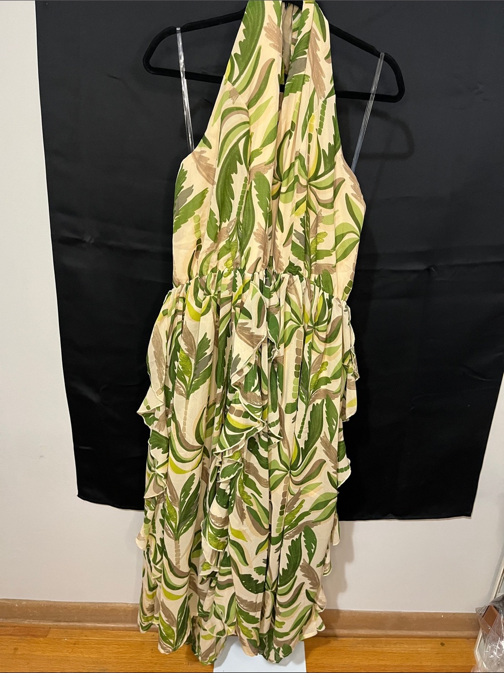 Ashley Stewart Halter Maxi Dress in Green and Cream Leaf Print